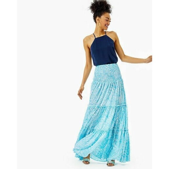 LILLY PULITZER Hanalei Blue White Floral Print Maxi Skirt Sz Small NEW NWT - Picture 1 of 4